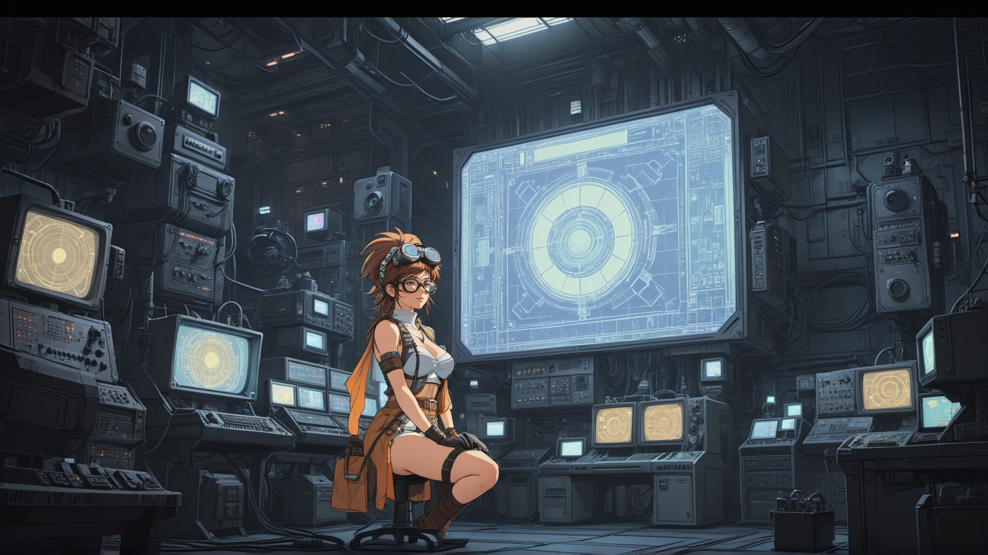 AI generated wallpaper featuring woman, control room, tech
