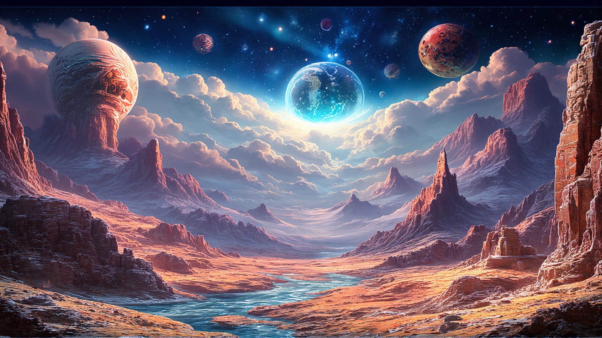 AI generated wallpaper featuring planet, mountain, skyscape, river, rock formation, cosmic landscape, alien world, cloud, star, moon