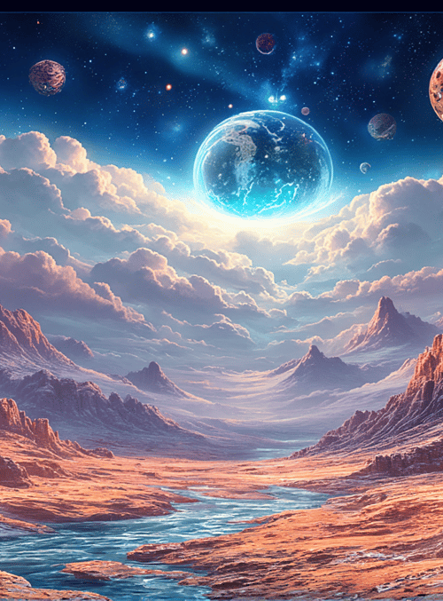 planet, mountain, skyscape, river, rock formation, cosmic landscape, alien world, cloud, star, moon
