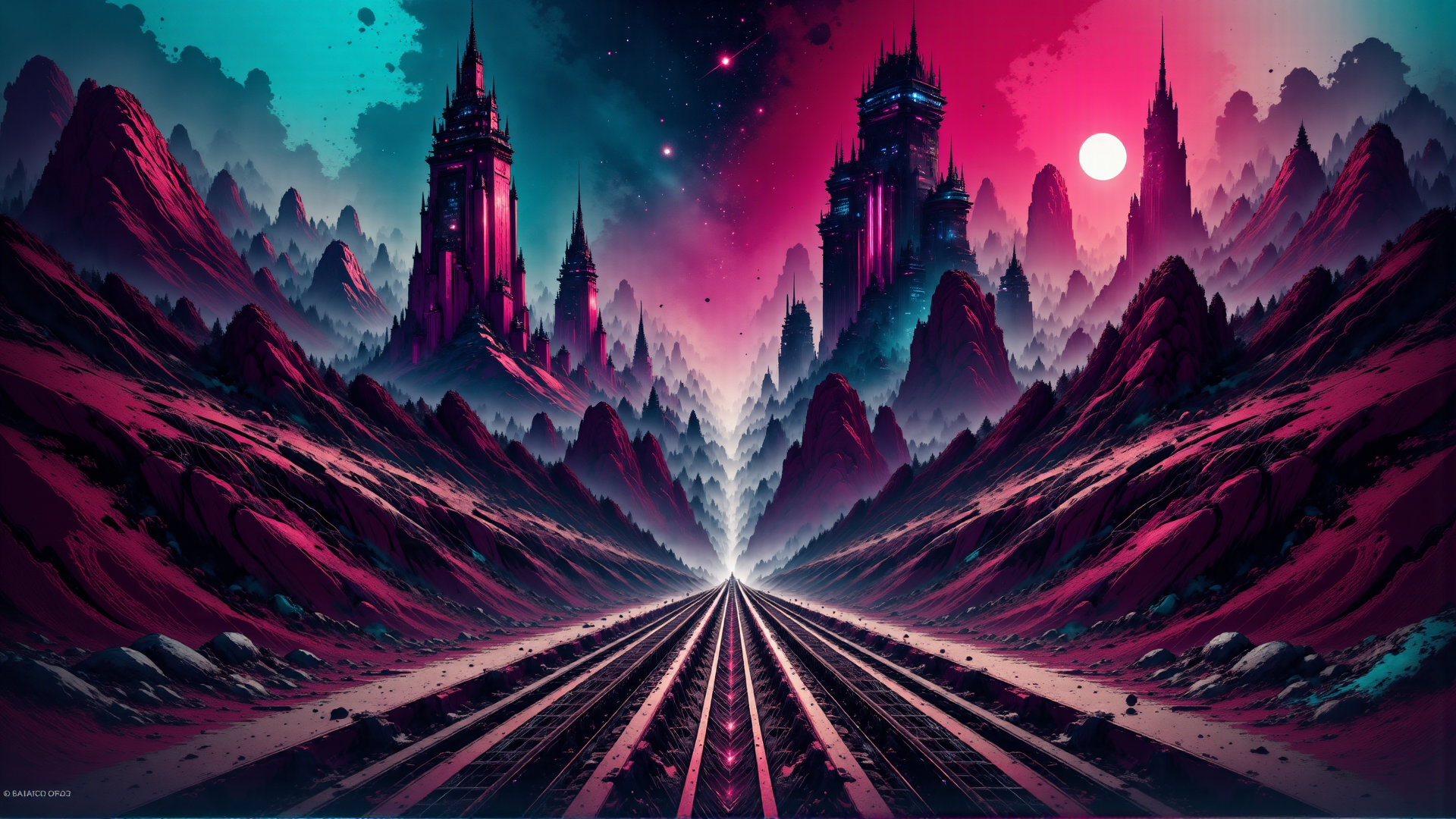 AI generated wallpaper featuring mountains, castles, roads, city, sky, sun