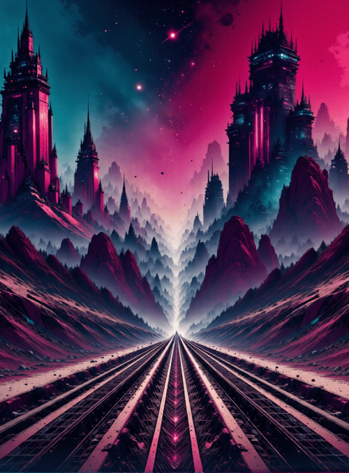 mountains, castles, roads, city, sky, sun