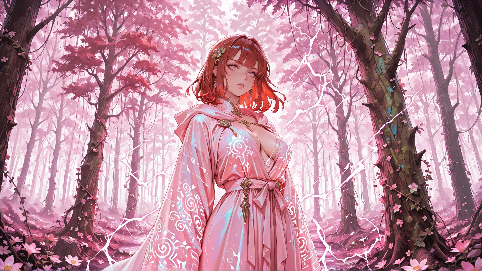 AI generated wallpaper featuring woman, forest, trees, dress, flowers, lightning