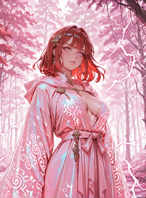 woman, forest, trees, dress, flowers, lightning
