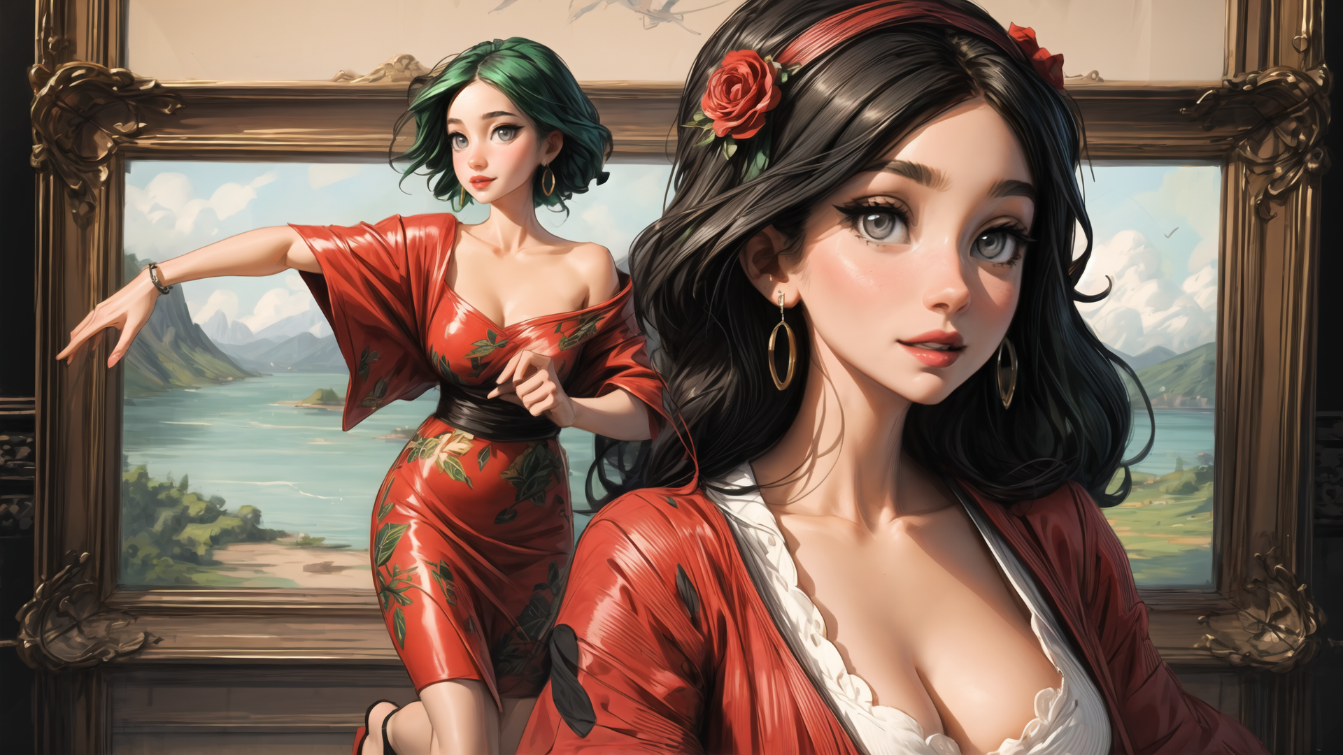 AI generated wallpaper featuring woman, mirror, dress, rose, earring, mountain, lake, landscape, frame, hair