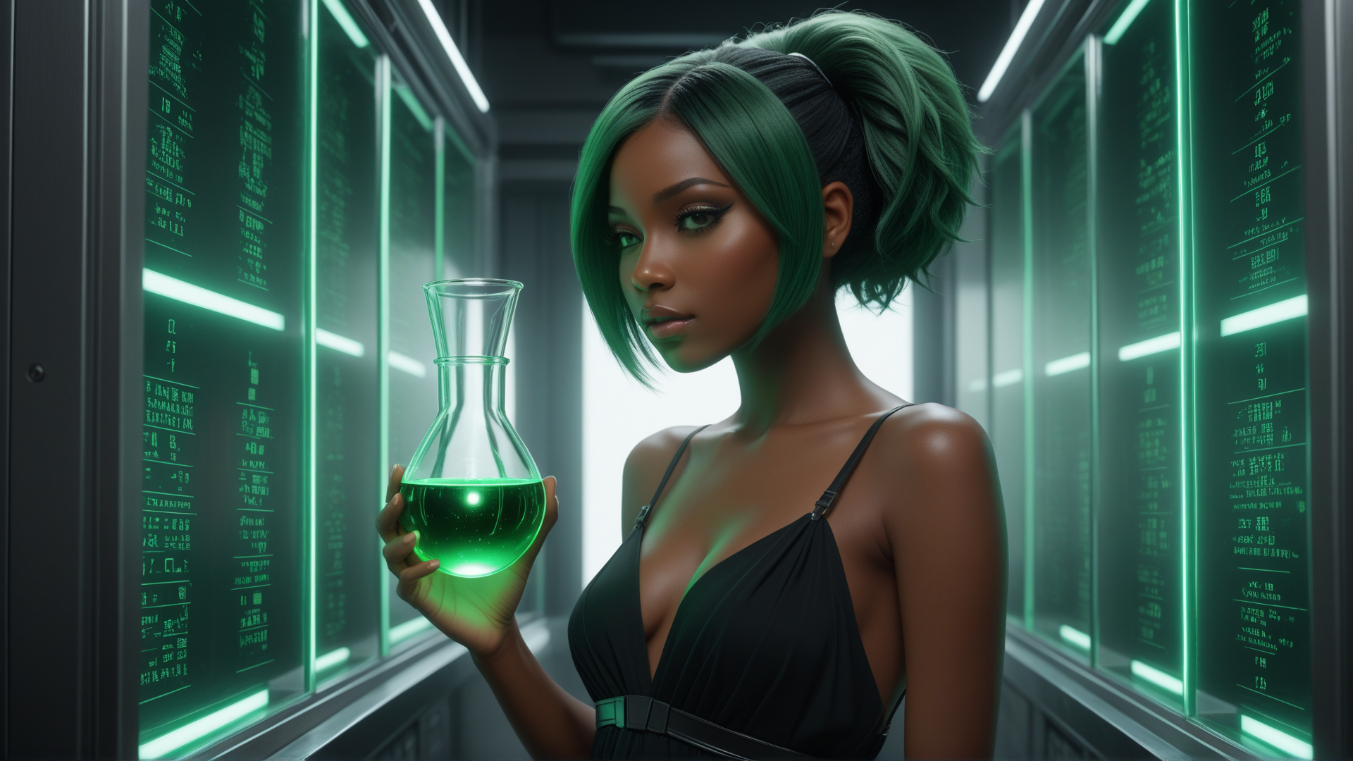 AI generated wallpaper featuring woman, flask, server, computer, screen