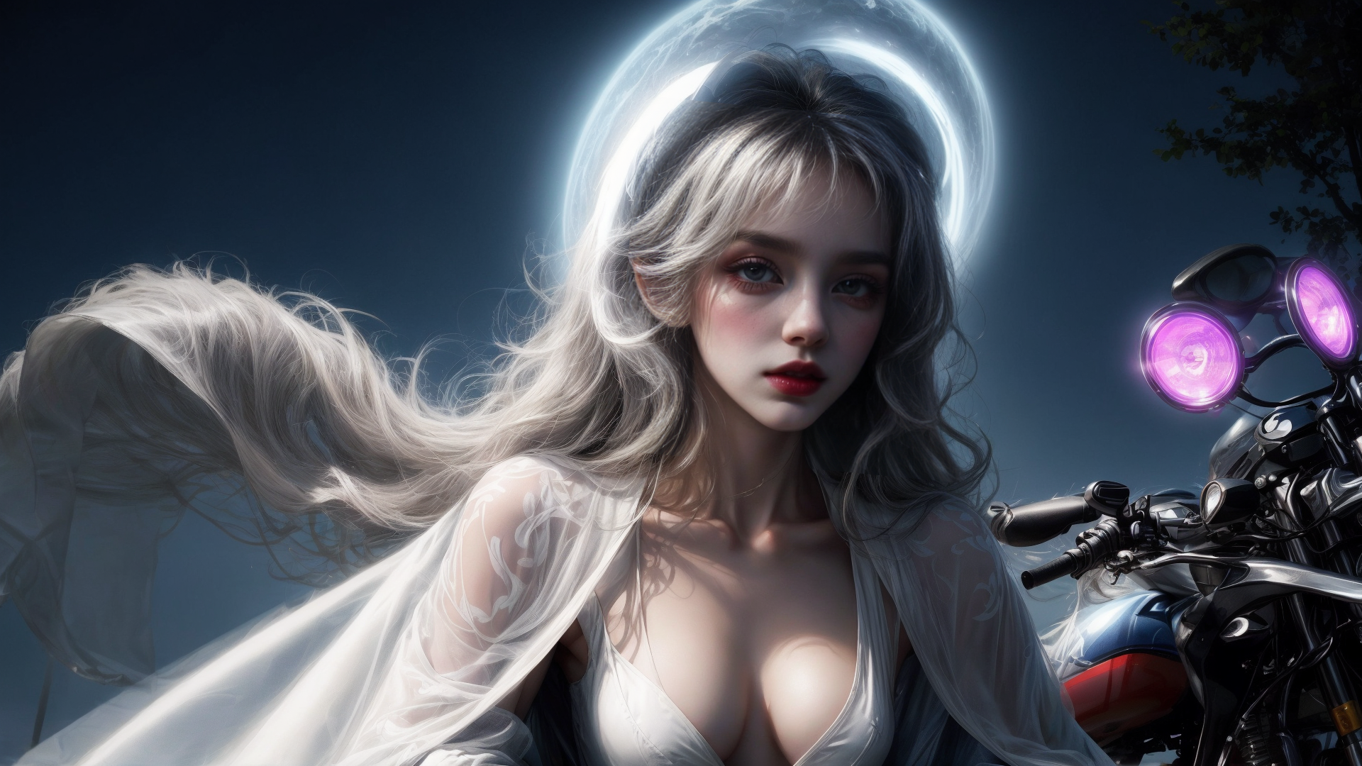 AI generated wallpaper featuring woman, motorcycle, halo