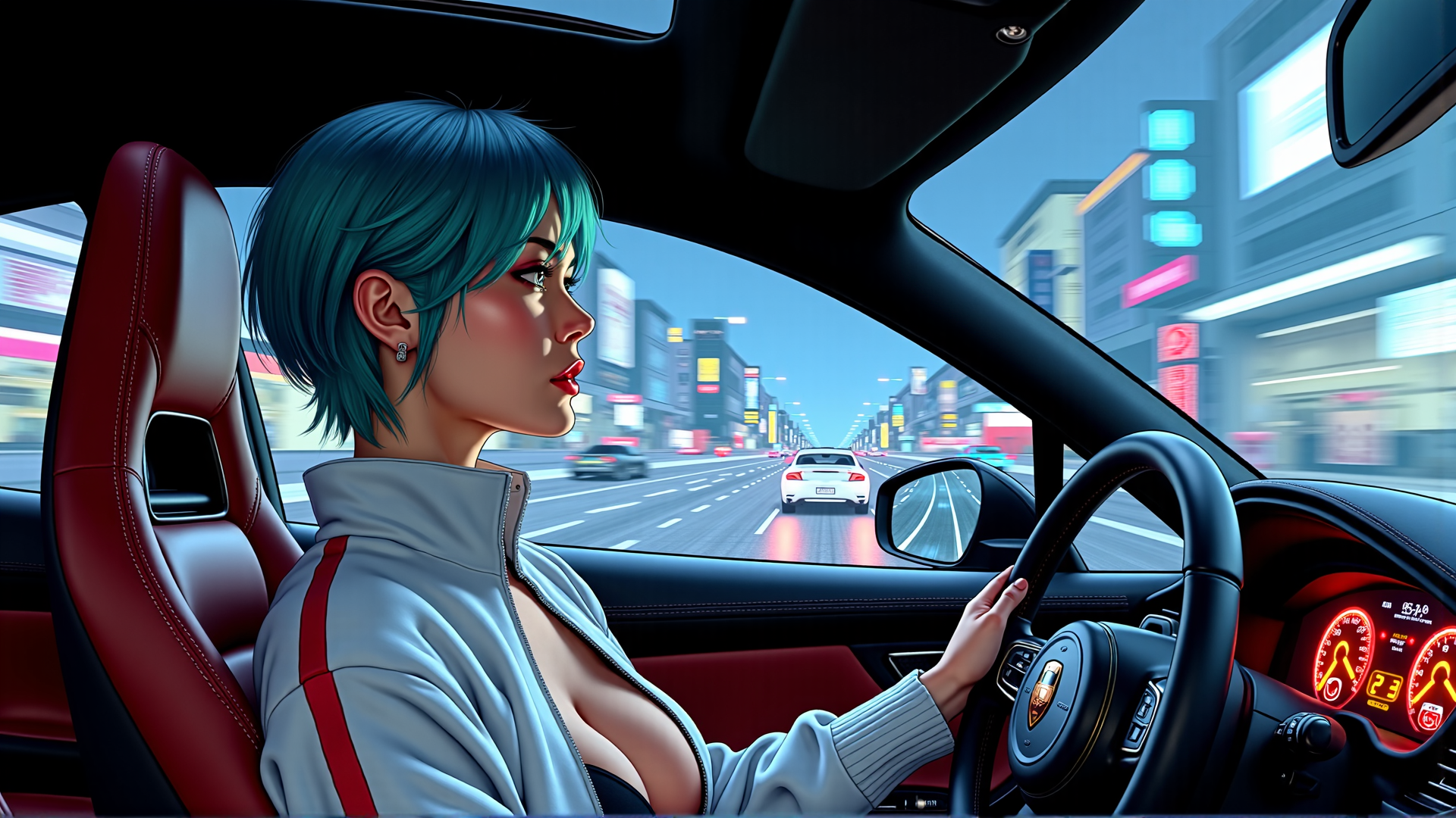 AI generated wallpaper featuring woman, driver, car, city, street, steering wheel, dashboard, headlight, buildings, neon sign
