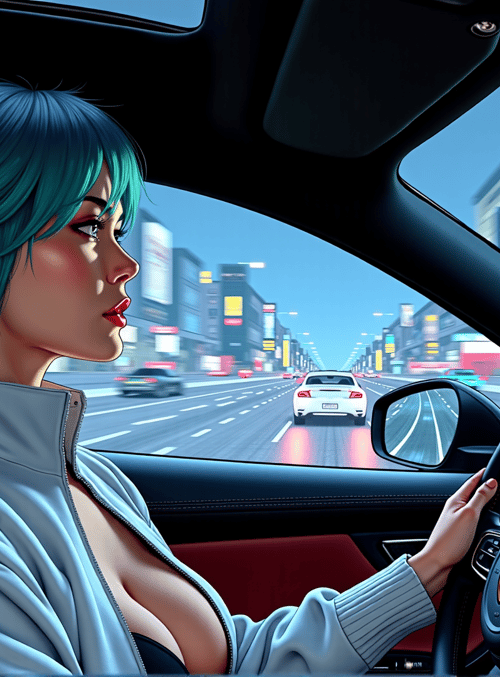 woman, driver, car, city, street, steering wheel, dashboard, headlight, buildings, neon sign