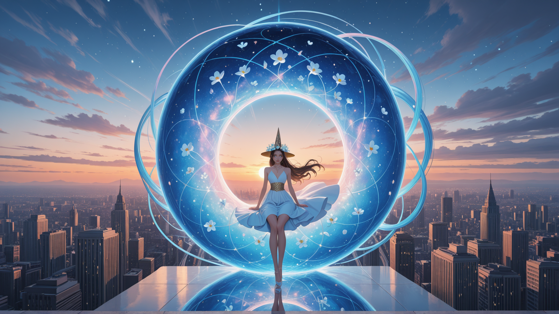 AI generated wallpaper featuring woman, cityscape, magic circle, flowers, sunset