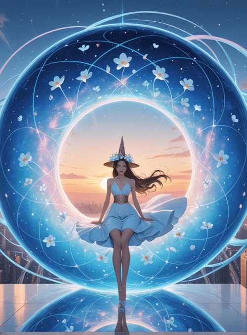 woman, cityscape, magic circle, flowers, sunset