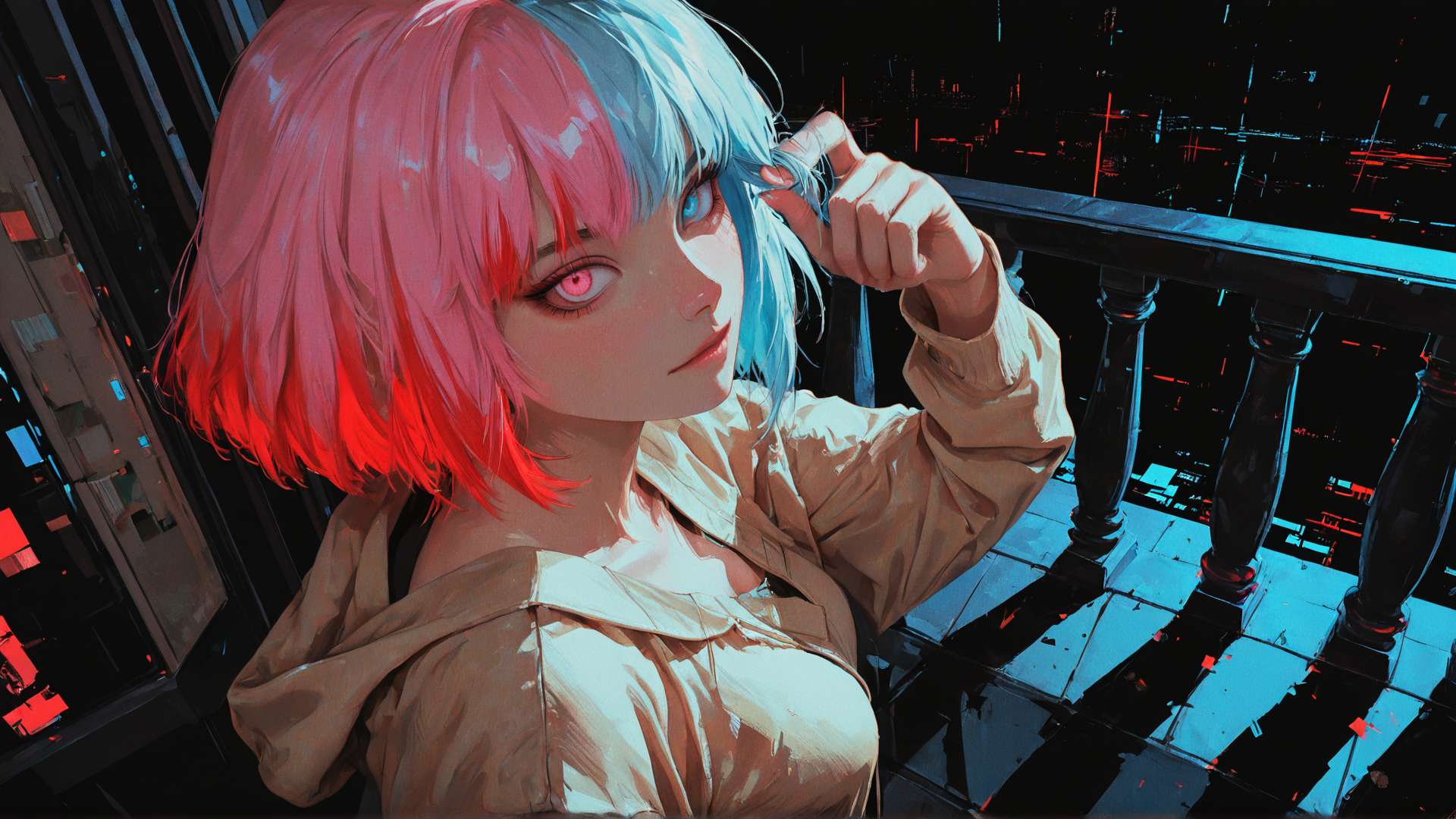 AI generated wallpaper featuring girl, cyberpunk, anime, character, urban, balcony