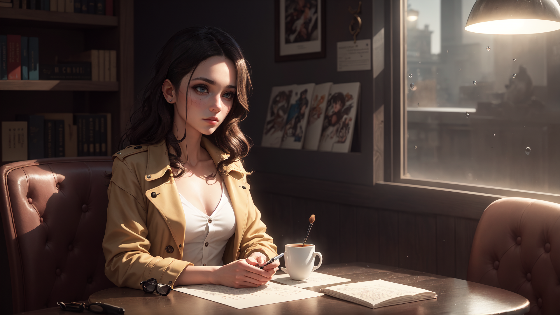 AI generated wallpaper featuring woman, coffee, book