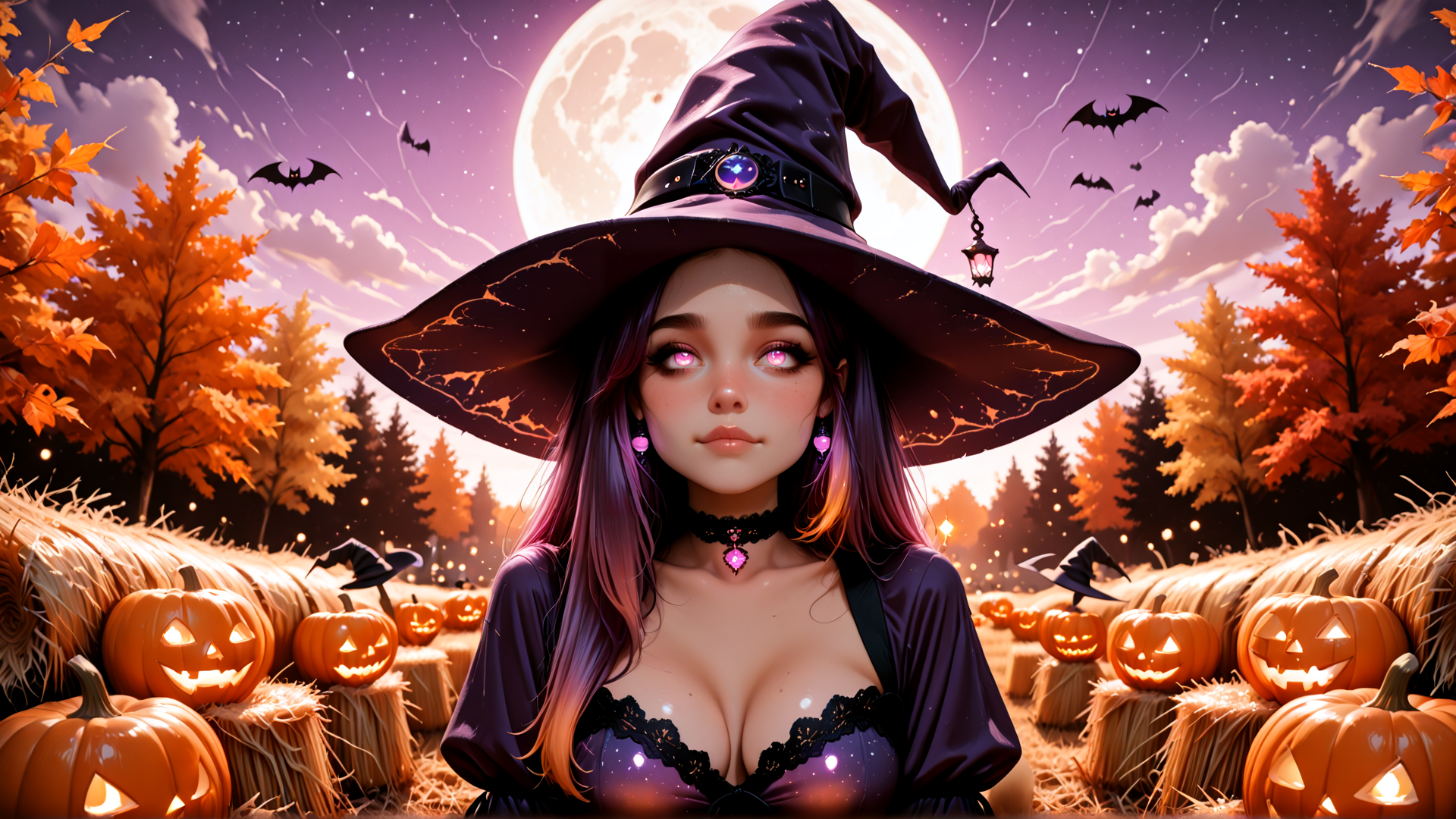 AI generated wallpaper featuring witch, pumpkin, moon, bat, hay, tree, lantern, choker, earrings, hat