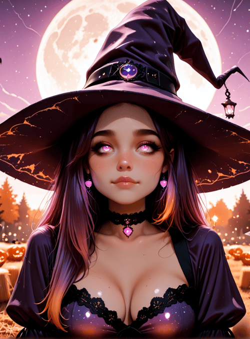 witch, pumpkin, moon, bat, hay, tree, lantern, choker, earrings, hat