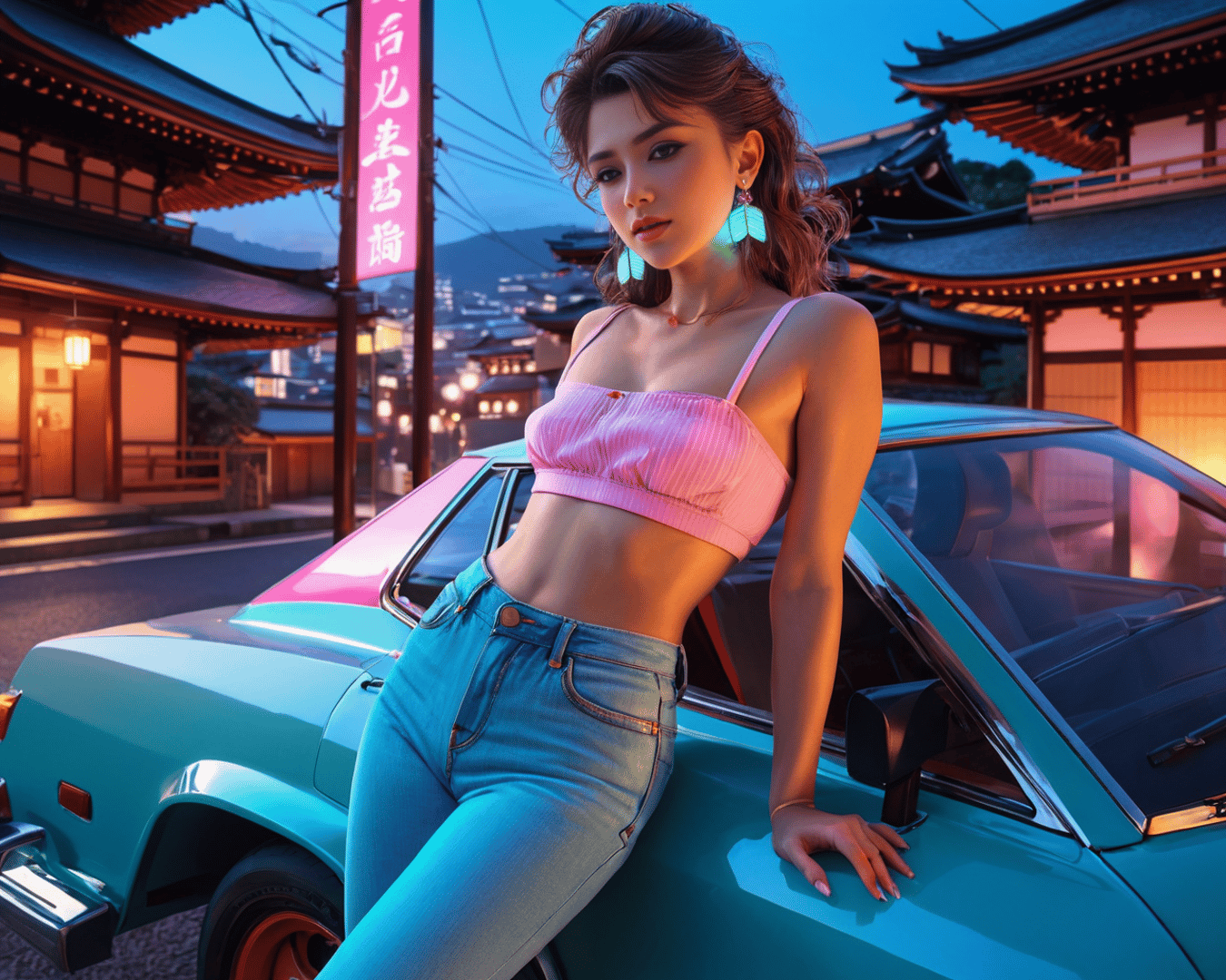 AI generated wallpaper featuring woman, car, building