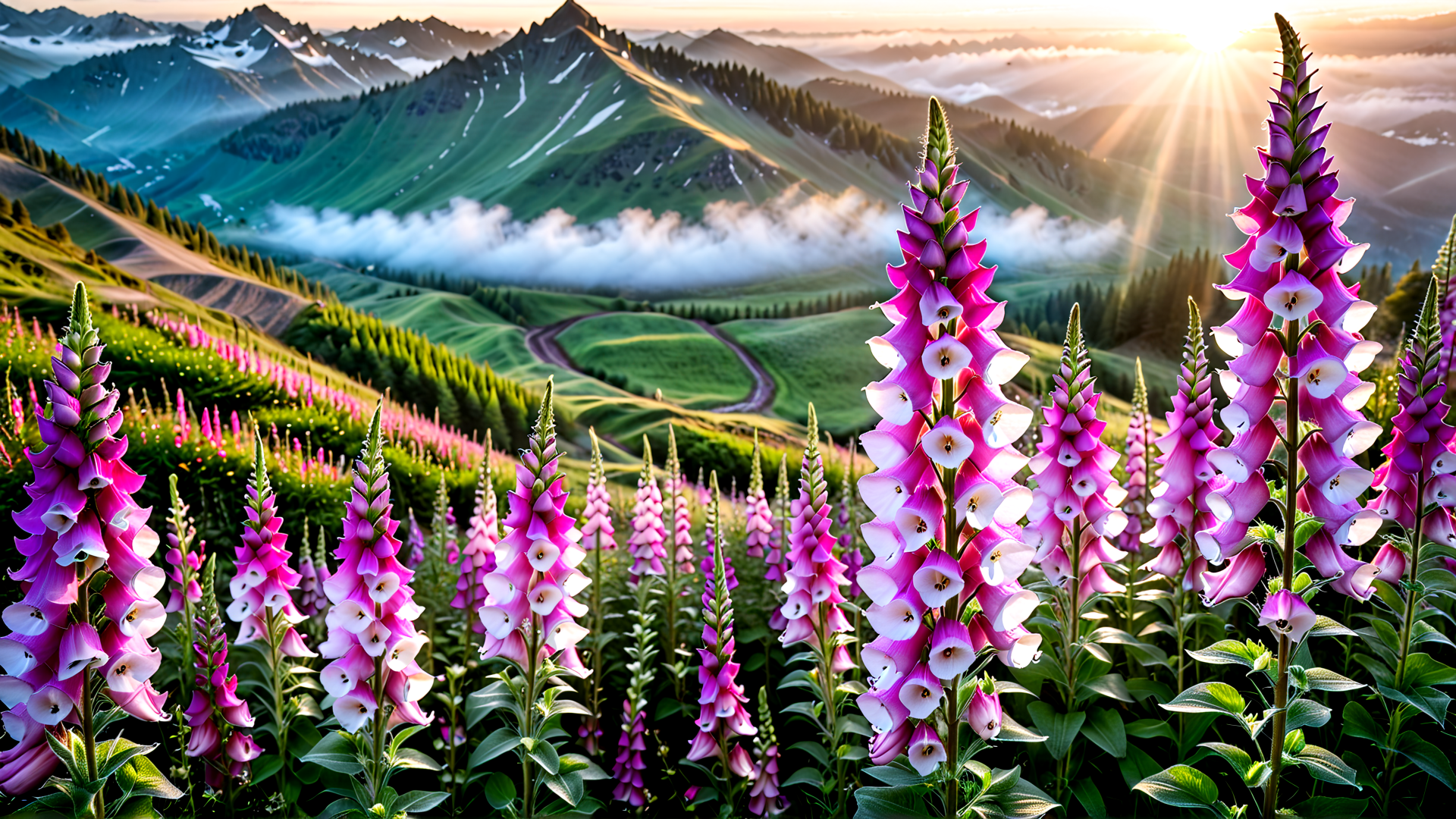 AI generated wallpaper featuring flowers, mountains, sunlight, hills, clouds, trees, landscape, field, path, sun
