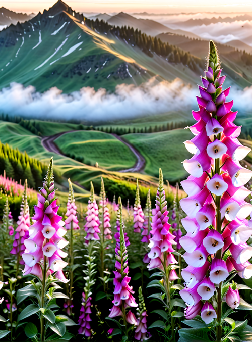flowers, mountains, sunlight, hills, clouds, trees, landscape, field, path, sun