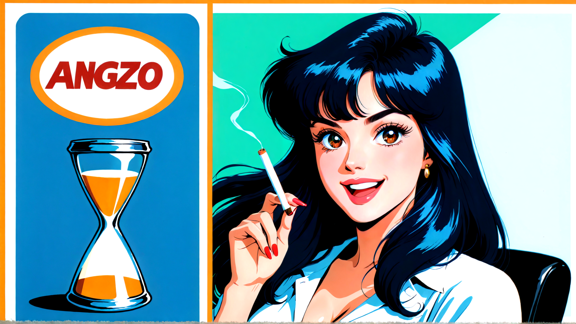 AI generated wallpaper featuring woman, hourglass, cigarette