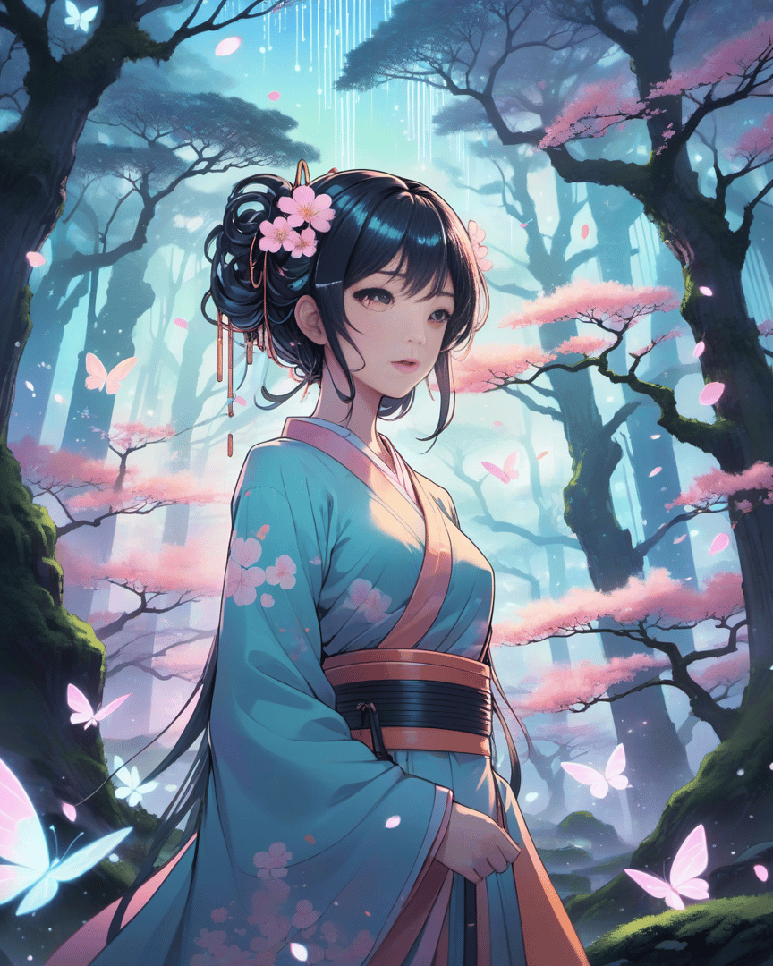 AI generated wallpaper featuring girl, kimono, butterfly