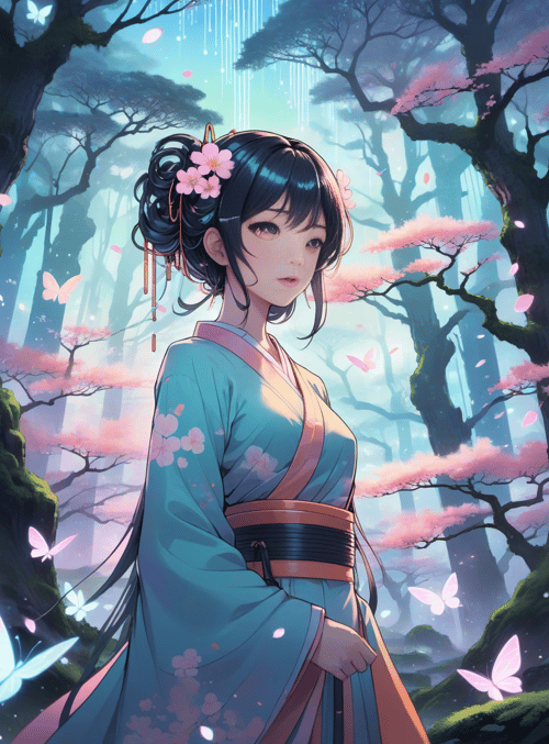girl, kimono, butterfly