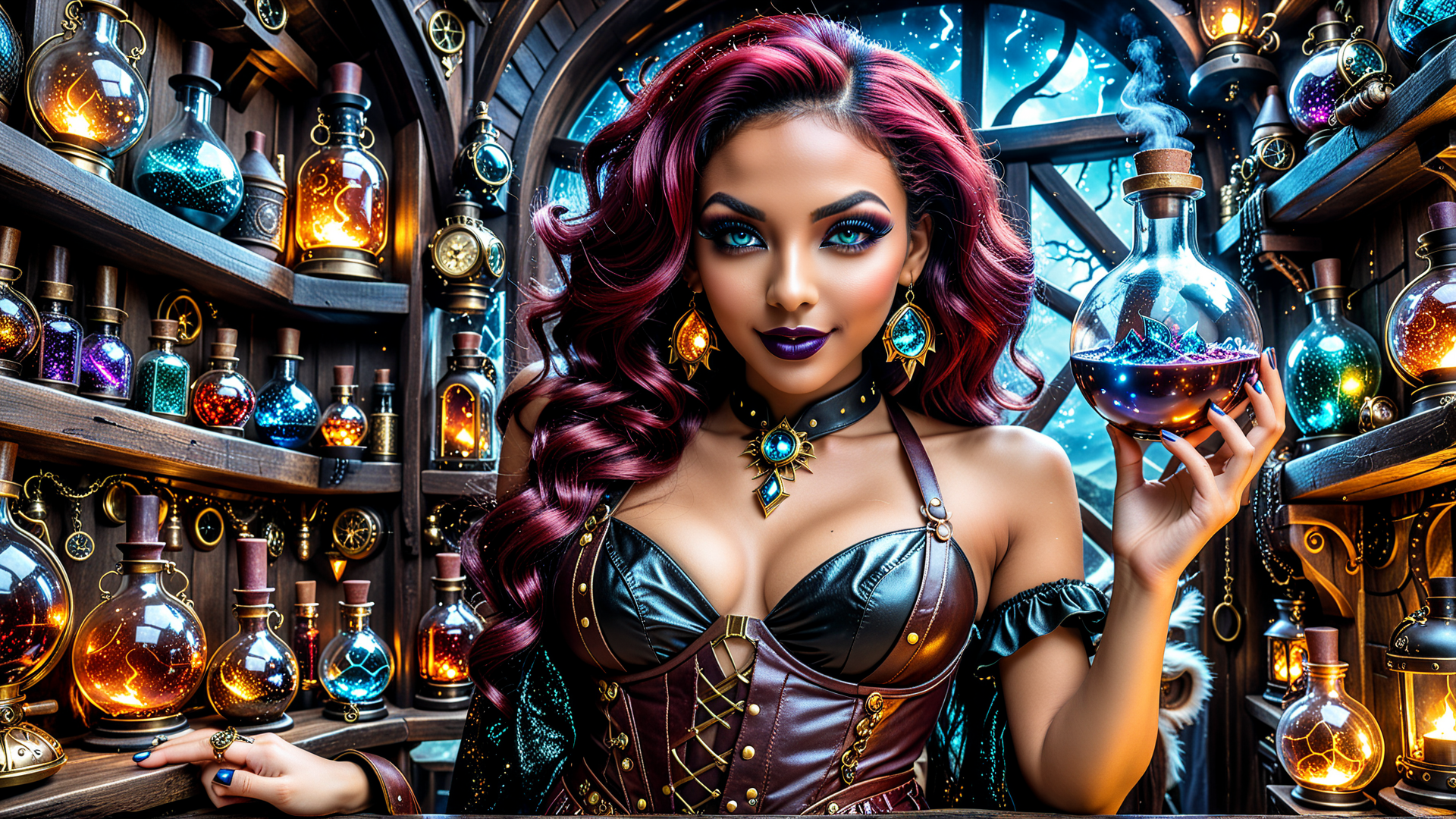 AI generated wallpaper featuring witch, alchemist, bottle, vial, lantern, clock, shelves, lamps, gemstone, scroll