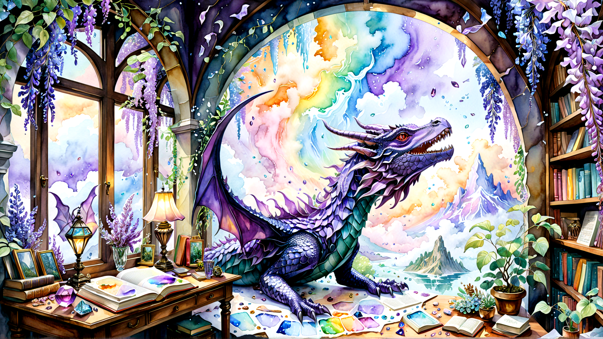 AI generated wallpaper featuring dragon, library, books, vines, wisteria, crystals, lamp, window, mountains, sky
