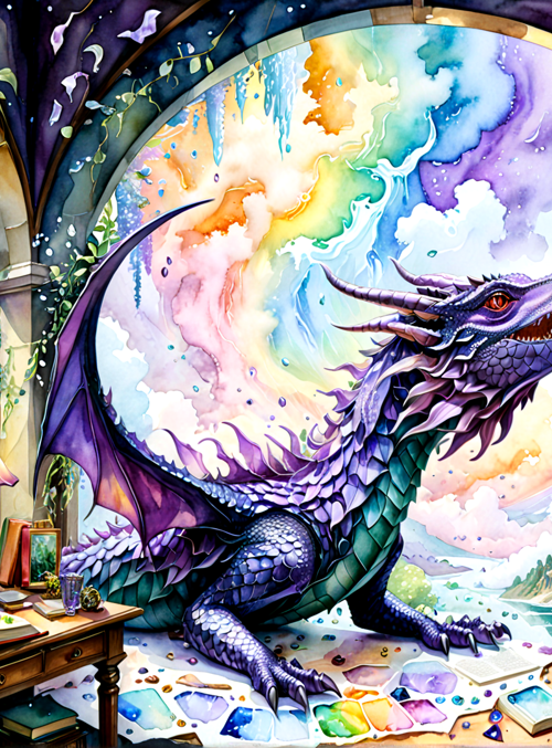 dragon, library, books, vines, wisteria, crystals, lamp, window, mountains, sky