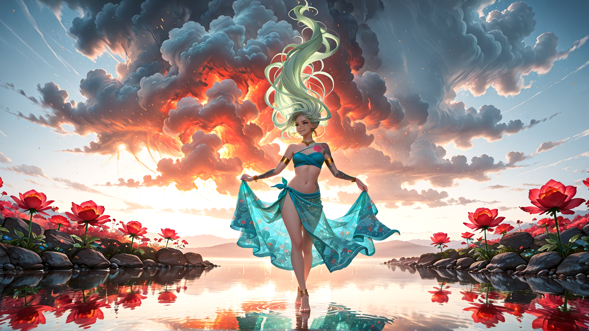 AI generated wallpaper featuring woman, flower, water, cloud, sun, sky, rock
