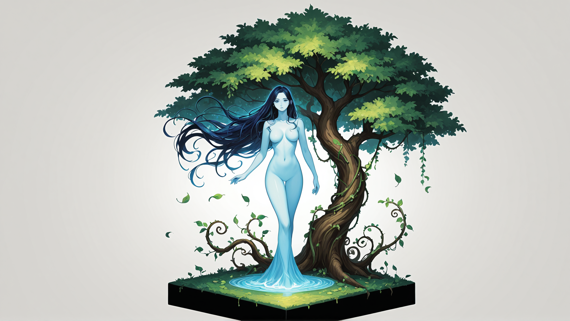 AI generated wallpaper featuring woman, tree, nature