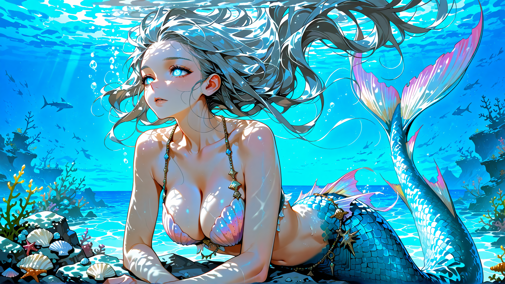 AI generated wallpaper featuring mermaid, ocean, fish, coral, seashell, sunlight