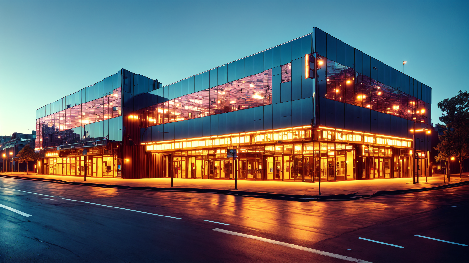 AI generated wallpaper featuring building, glass, street, lights, cityscape, corner, reflection, road, window, entrance