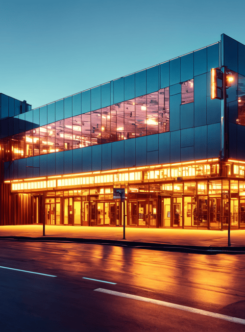 building, glass, street, lights, cityscape, corner, reflection, road, window, entrance