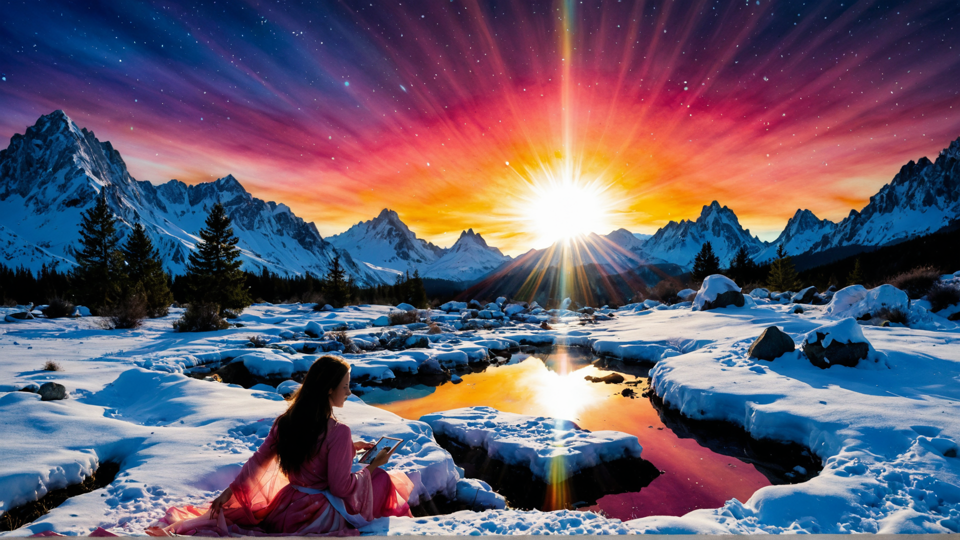 AI generated wallpaper featuring woman, mountains, sun, snow, river, forest, tablet, stars, sky, ice