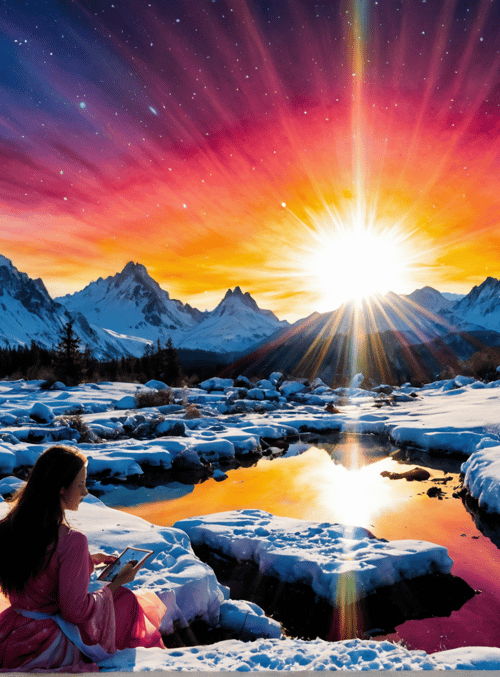 woman, mountains, sun, snow, river, forest, tablet, stars, sky, ice