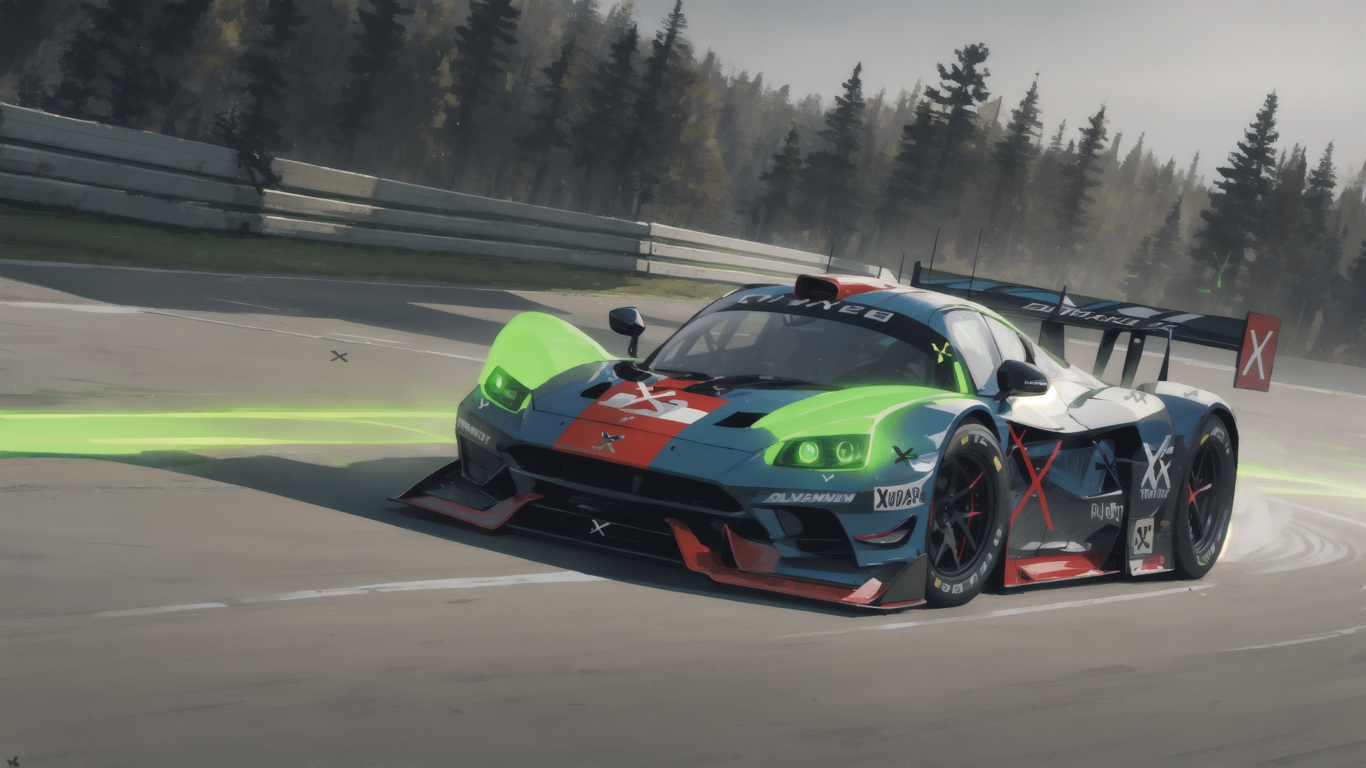 AI generated wallpaper featuring race car, track, forest, racing car, car, road, tarmac, suspension, wheels, bumpers