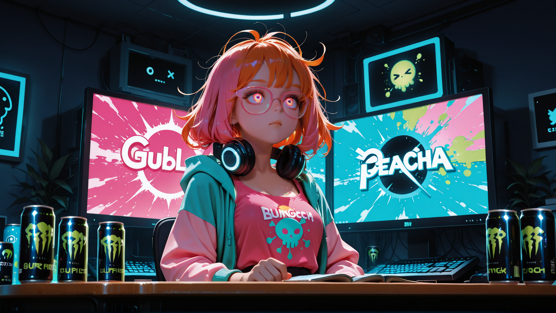 AI generated wallpaper featuring girl, gamer, computer, monitor, headphones, can, book, plant, screen, desk