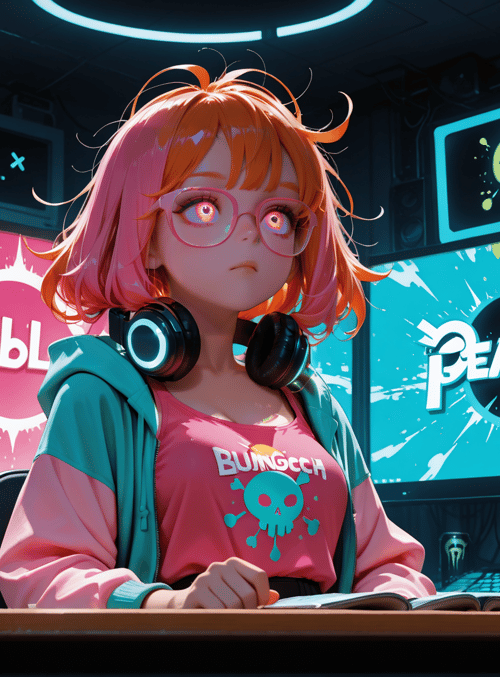 girl, gamer, computer, monitor, headphones, can, book, plant, screen, desk