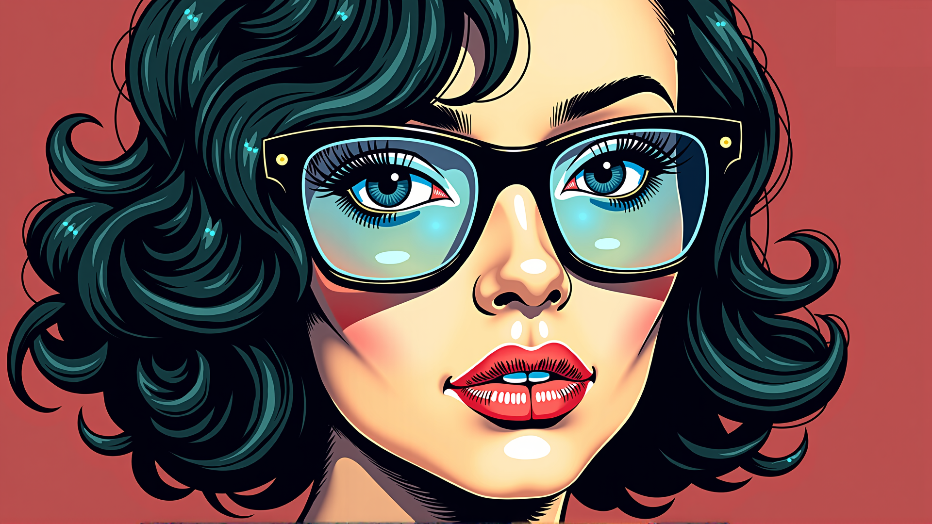 AI generated wallpaper featuring woman, glasses, hair, lips, eyelashes