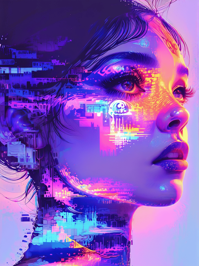 AI generated wallpaper featuring face, cityscape, digital, glitch, woman