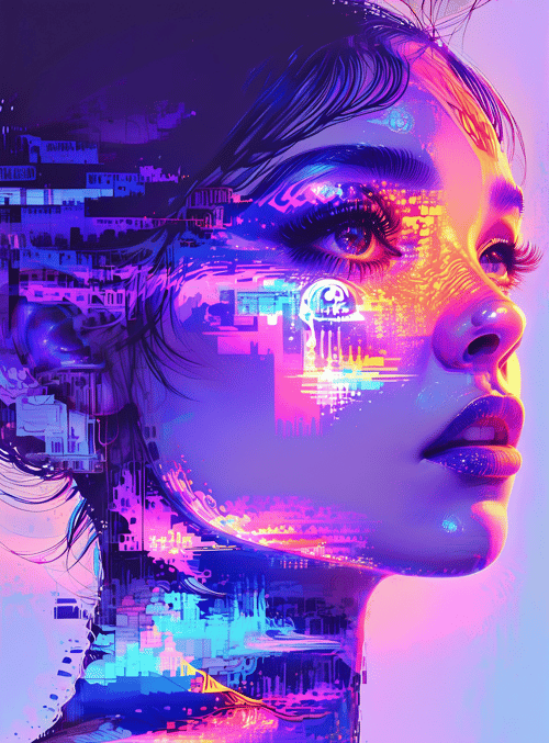 face, cityscape, digital, glitch, woman