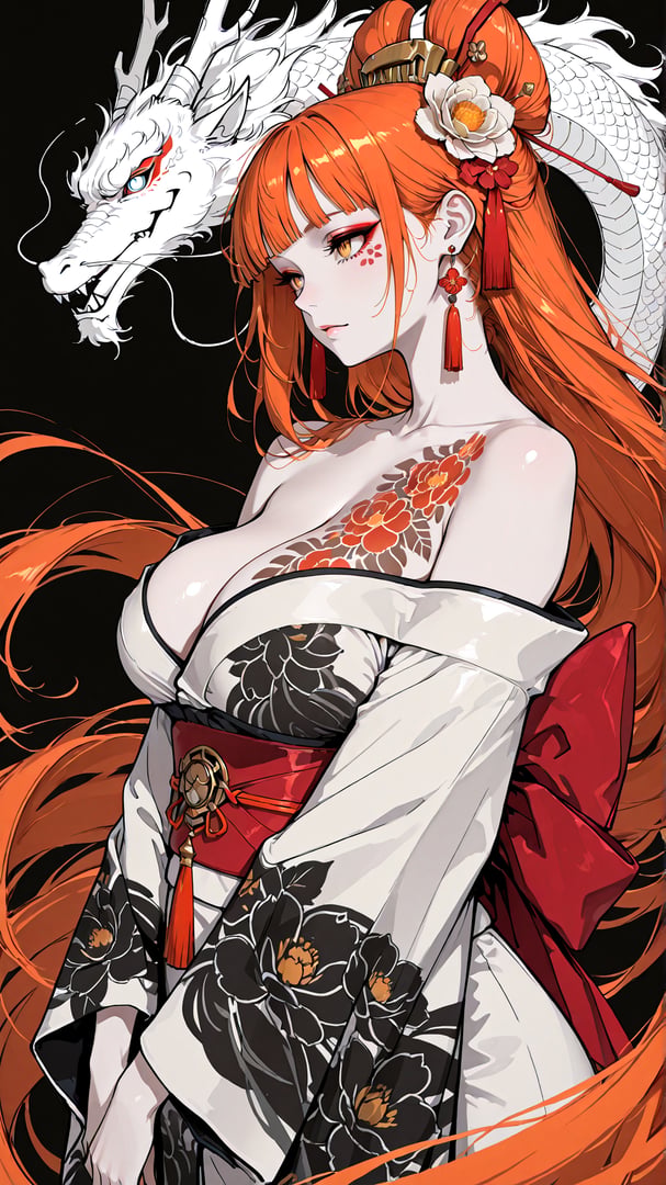 AI generated wallpaper featuring girl, dragon, hair, kimono, flower, tattoo, ears, dress, belt, jewelry