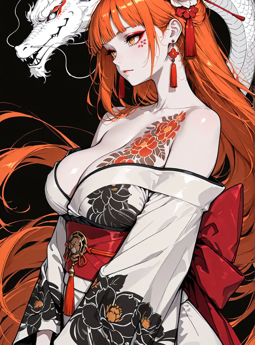 girl, dragon, hair, kimono, flower, tattoo, ears, dress, belt, jewelry