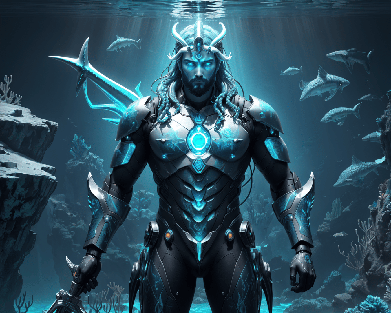 AI generated wallpaper featuring underwater warrior, cybernetic, trident