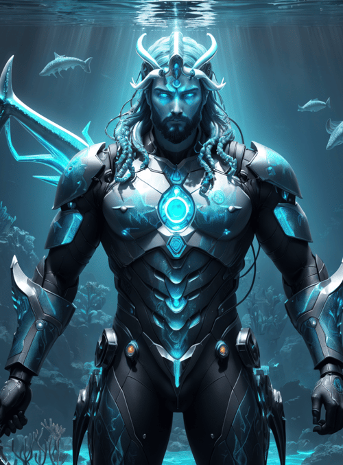 underwater warrior, cybernetic, trident