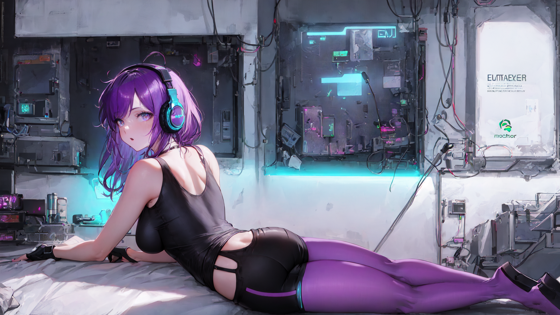 AI generated wallpaper featuring cyberpunk woman, headphones, computer