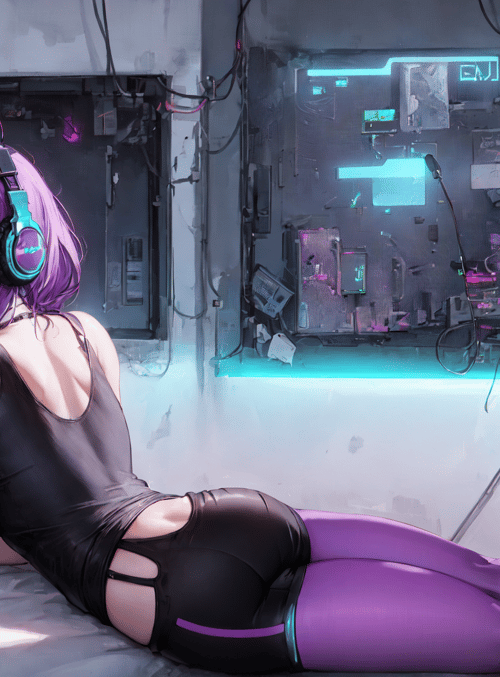 cyberpunk woman, headphones, computer