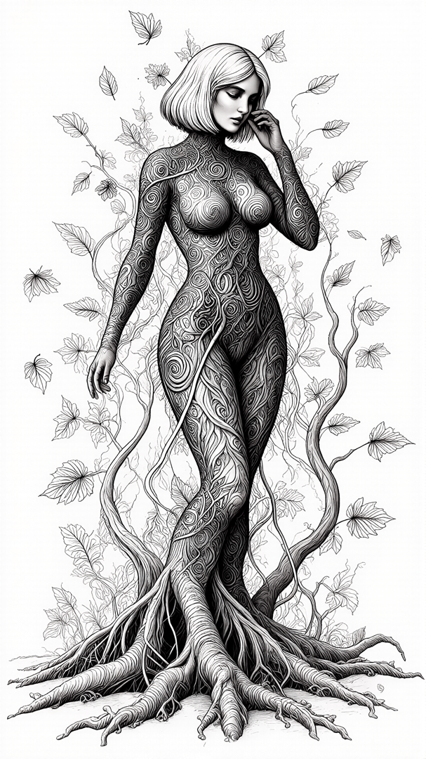 AI generated wallpaper featuring woman, tree, roots, leaves