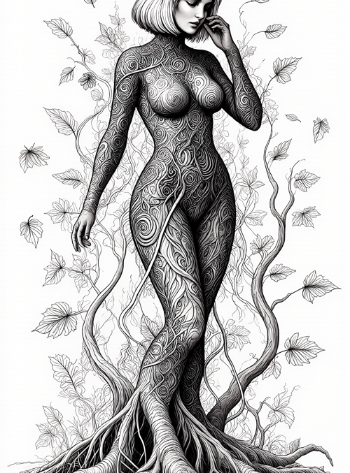 woman, tree, roots, leaves