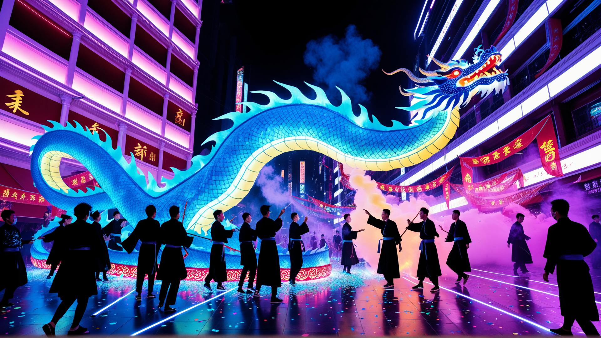 AI generated wallpaper featuring dragon, people, buildings, flags, confetti, smoke, lights, suits, lantern, city