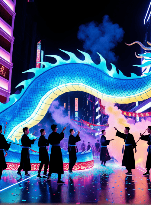 dragon, people, buildings, flags, confetti, smoke, lights, suits, lantern, city